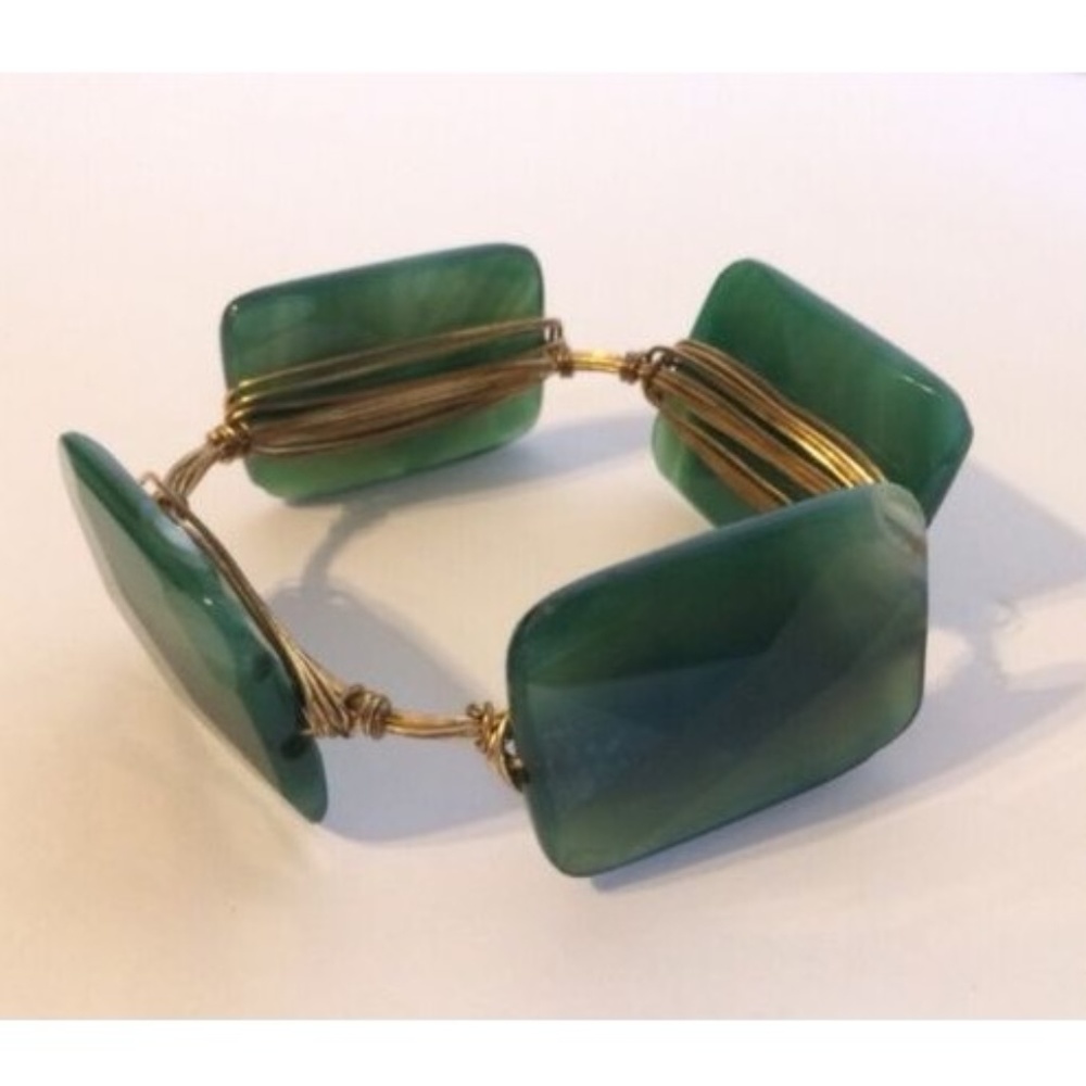 Boutique Gold Wired Bangle Bracelet w/ Green Stone